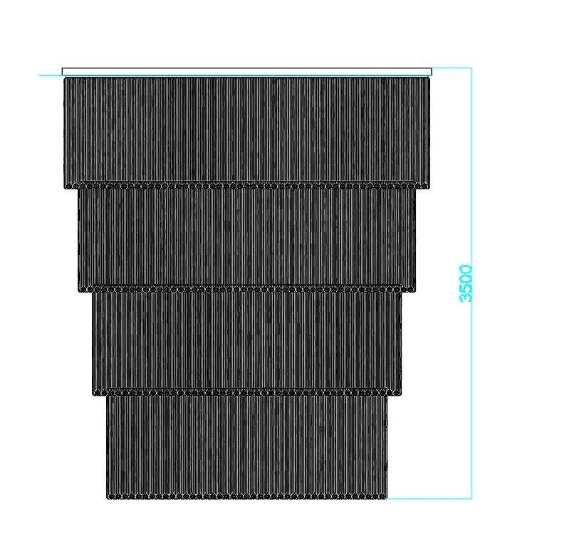 Đèn chùm pha lê thả thông minh PL024 gồm 5 tầng thanh tam giác trắng , hạt pha lê D40  mắt COB dimer 3 màu có điều khiển xa, mâm inox gương trắng hình chữ nhật, KT(mm): 3000 x 1200 x 4300